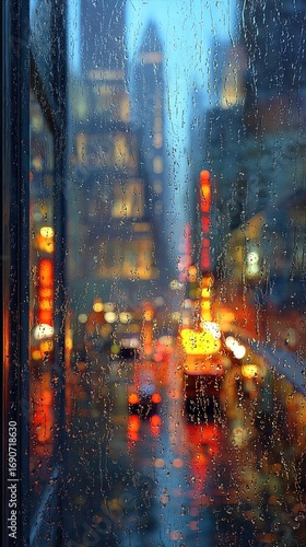 Rainy Cityscape Viewed Through Rain-Streaked Window