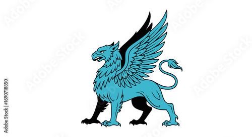 Majestic blue griffin stands proudly with outstretched wings and powerful stance.