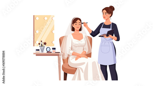Bride receiving professional makeup application from a skilled makeup artist on her wedding day in a bright elegant setting
