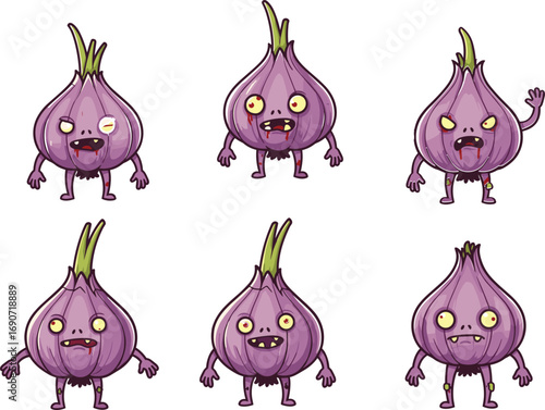 Creepy cartoon purple onion zombie characters, scary vegetable illustration for Halloween, spooky food concept, horror-style animated veggie monsters artwork