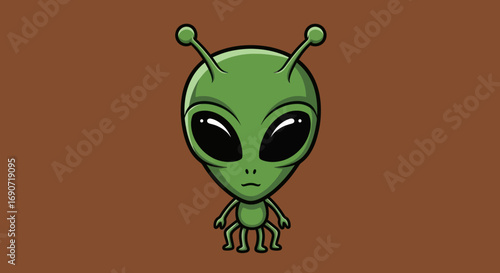 Vászonkép Cartoon Alien with Large Eyes and Antennas on Brown Background.