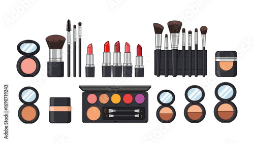 A vibrant collection of essential makeup products including lipsticks eyeshadow palettes blush compacts and professional makeup brushes arranged artistically against a clean white background