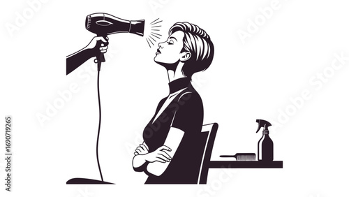 Stylized black and white illustration of a woman sitting in a salon chair with her eyes closed as a hairdresser dries her hair with a hairdryer