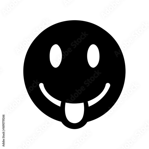 A black and white goofy smiley face with tongue sticking out cheerfully