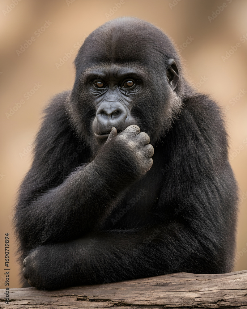 Obraz premium Thoughtful young gorilla with curious expression rests on log, a gentle giant with soulful eyes