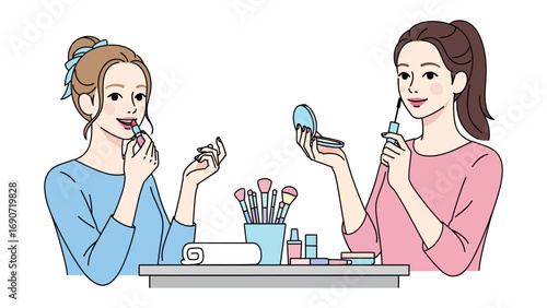 Two young women applying makeup and skincare products together at a table with various beauty items and bottles in a bright clean setting