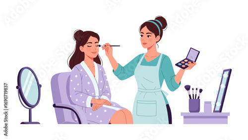 Professional makeup artist applying cosmetic makeup to a young woman sitting in a chair with a mirror and brushes
