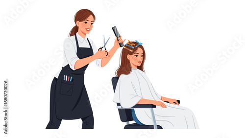 Professional hairstylist carefully styling a client s long brown hair with a blow dryer and comb in a salon setting