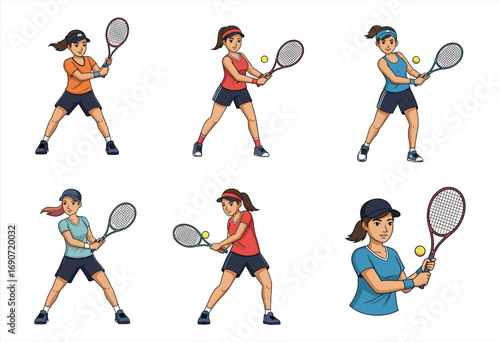 Female tennis player illustration, cartoon athlete holding racket, practicing backhand shot, professional sports training, fitness competition concept