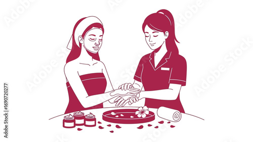 Two women are enjoying a relaxing spa treatment with facial masks and skincare products laid out on a table for beauty and wellness