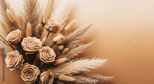 Dried roses and pampas grass arrangement with copy space