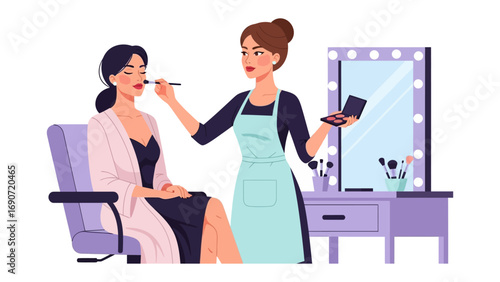 Professional makeup artist applying cosmetic makeup to a woman s face in a beauty salon with a vanity mirror and chair