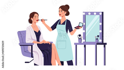 Professional makeup artist applying cosmetics to a woman sitting in a chair in a beauty salon with a vanity mirror