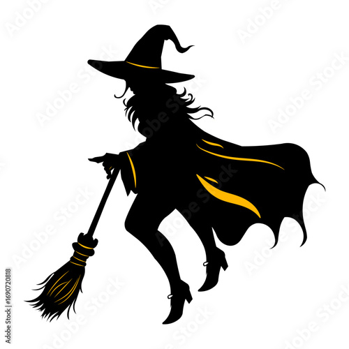 Witch silhouette on broomstick flying through the air for Halloween.