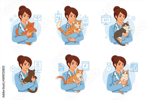 Female veterinarian holding cat illustration, pet care professional, veterinary doctor with stethoscope, animal health checkup, veterinary clinic service