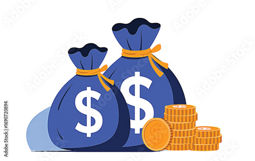 Two blue money bags with dollar signs and a stack of gold coins