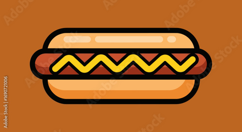 Cartoon illustration of a classic hot dog with mustard.