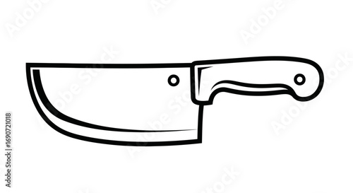 Black and white illustration of a butcher knife focused on the blade and handle.