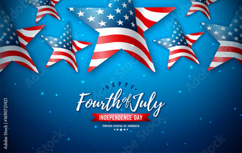 Fourth of July Independence Day Vector Design with Realistic American Flag Stars, Hand Lettering, and Sparkling Lights on a Blue Patriotic Holiday Background