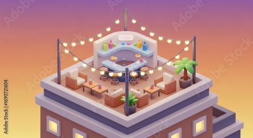 Rooftop bar lounge with string lights and sunset view for summer party and cocktail hour relaxation scene