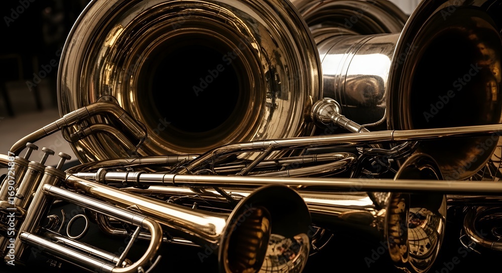 Naklejka premium Close-up view of brass instruments, including tubas and trumpets, showcasing their intricate details and polished surfaces.