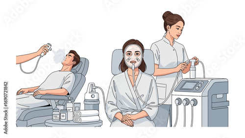 Modern beauty salon treatment room with two women receiving facial procedures and a professional aesthetician operating advanced skincare equipment