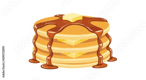 Delicious stack of golden pancakes with syrup and butter on top.