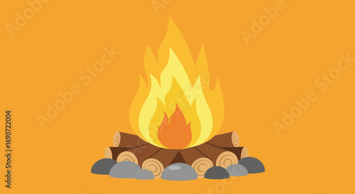 Campfire with burning logs and surrounding rocks.
