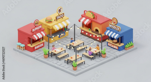 Isometric food court with burger taco pizza and noodle stands for outdoor dining and street food festival