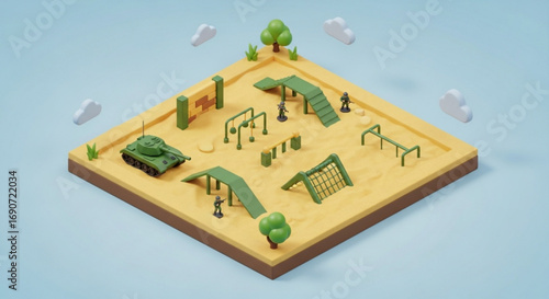 Isometric military training ground with tank and obstacles for army soldiers and exercise course design