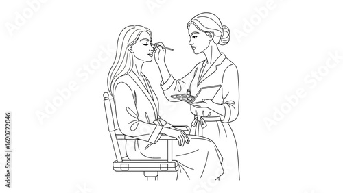 Two women applying makeup and skincare in a beauty salon or spa with towels wrapped around their heads