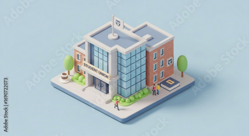 Isometric student union building university campus community college architecture design learning education center