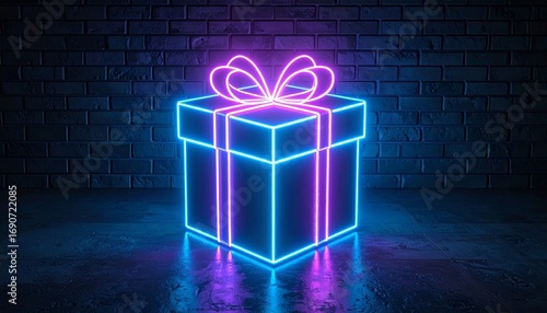 neon gift box with blue outline and pink ribbon on dark brick wall background
