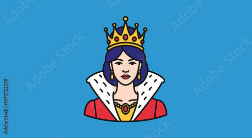 Illustration of a regal queen wearing a golden crown and royal attire.