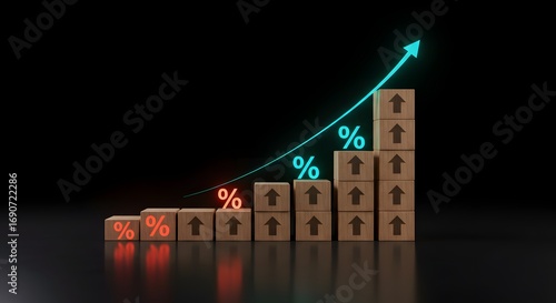 Business Growth Concept: Wooden Blocks Forming Upward Trend with Percentage Symbols and Arrow