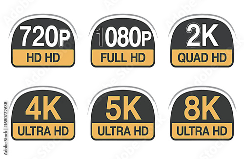 Vector illustrations detailing common digital video resolution standards, from HD to 8K Ultra HD quality displays
