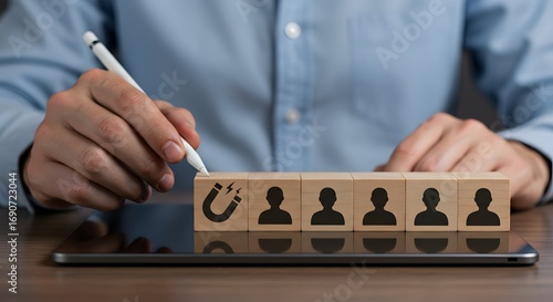 Business Strategy: Magnet Attracting Human Resources with Wooden Blocks