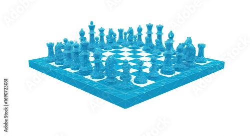Blue chess set with all pieces on a chessboard.