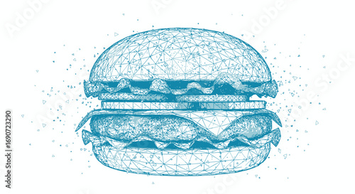 Futuristic blue polygonal burger made of connected dots and lines.