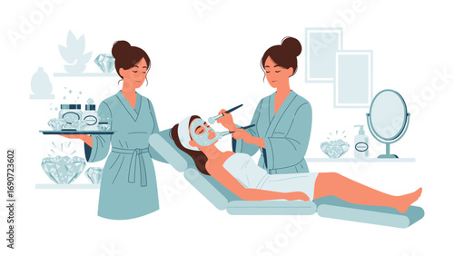 Two professional spa therapists apply a soothing facial mask to a relaxed woman lying on a massage table in a bright clean salon