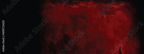 Dramatic abstract painting with intense red tones and black accents