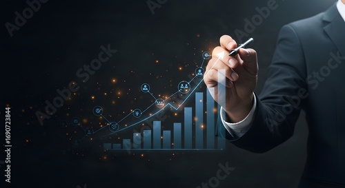 Businessman Drawing Upward Trend Graph with Icons Representing Growth and Teamwork