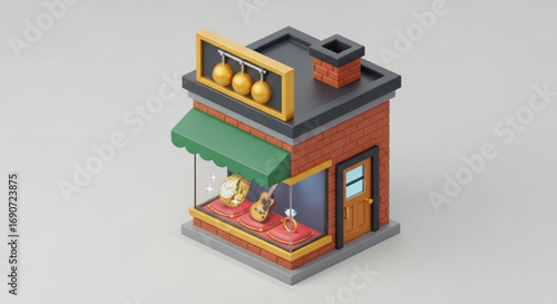 Isometric jewelry store building with gold watch guitar and diamond ring for sale luxury shop showcase view