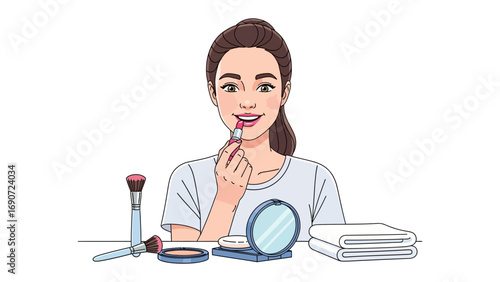 Young woman applying lipstick with a makeup brush and mirror surrounded by beauty products and folded towels illustrating a personal grooming routine
