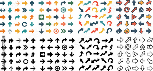 Colorful and black arrows in various styles for design.