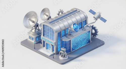Isometric tech museum building with satellite dish and robot technology for innovation and science learning