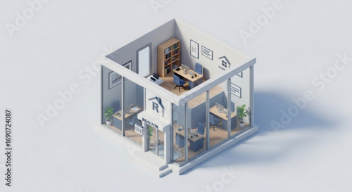 Isometric realtor office building real estate agency architecture design interior workplace commercial property render