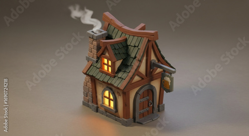 Charming cartoon medieval tavern pub building with beer sign and chimney smoke illustration render design