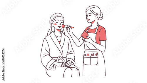Young woman applying makeup to another woman s face with a brush in a clean bright studio setting