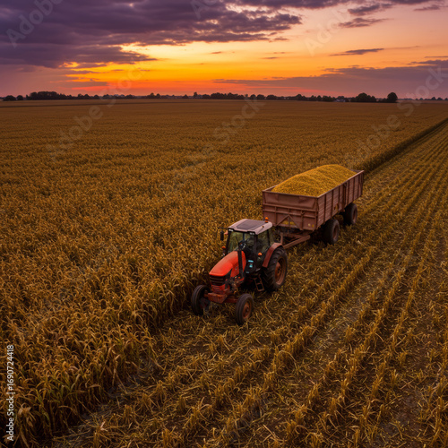 Tractor harvests crops at sunset in a field